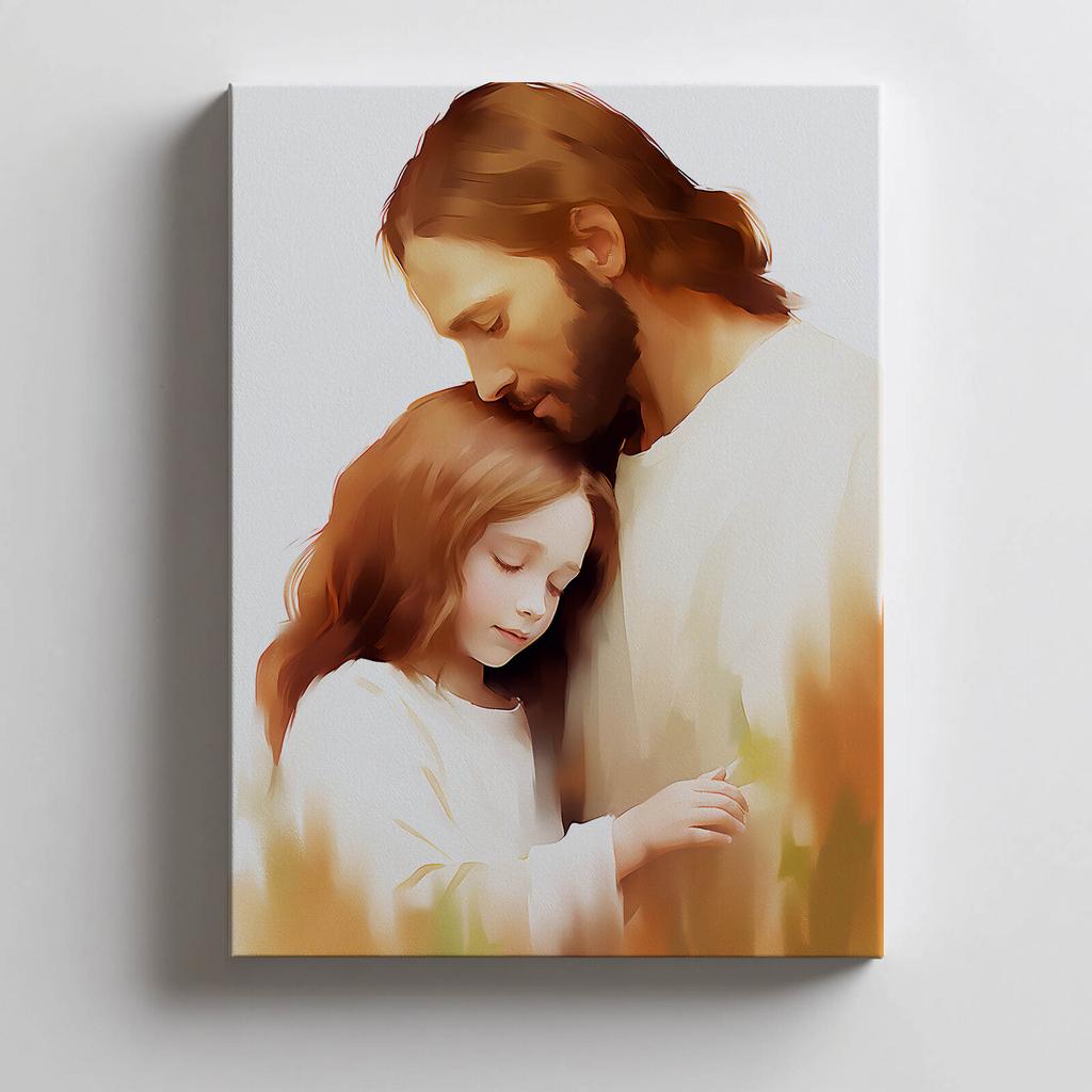 Objęcia Miłości - Jezus I Dziewczynka Objęcia Miłości - Jezus I Dziewczynka, 50X70 Cm, Rama Aluminiowa Czarna, Papier Matowy 230 Gsm