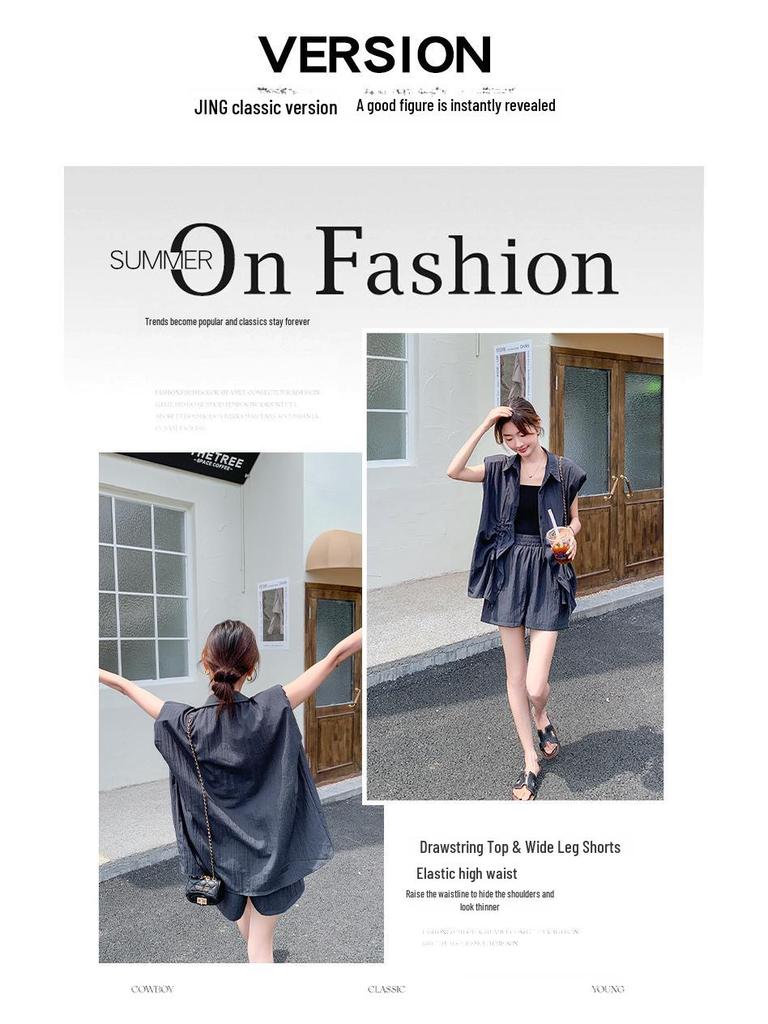 Trendy 2024 Drawstring Sleeve Shirt and Shorts Set: Stylish, Youthful, Two-Piece Casual Outfit