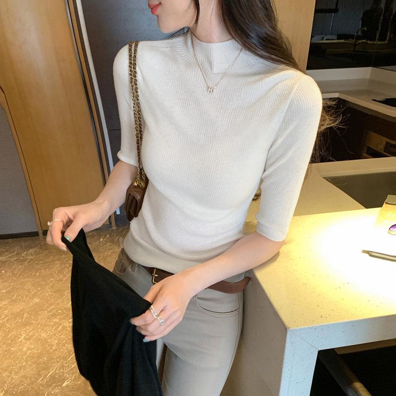 Korean Chic Elegant Half-High Neck Slim Fit Mid-Sleeve Knit Top for Women - 2026 New Arrival