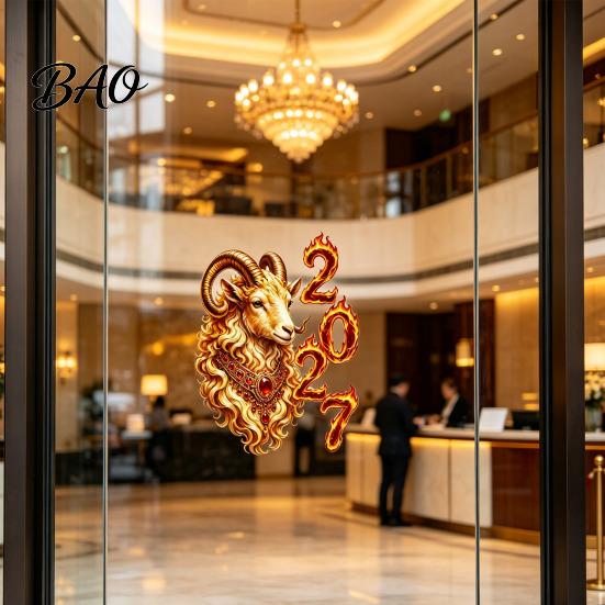 Lunar New Year Glass Decor Chinese Window Sticker, 2027 Goat Static Clings, Golden Animal Art Decoration Reusable Xmas for Home Shop Flame Pattern
