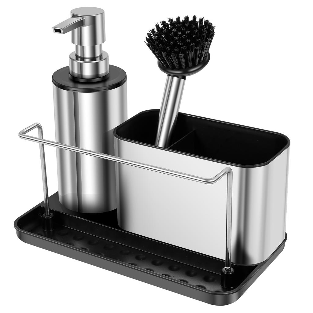 3-in-1 Zeepdispenser Pomp Set met Borstel Spons Houder Handdoekrek Keuken Spoelbak Afwasmiddel Dispenser Schoonmaakgereedschap Opbergruimte