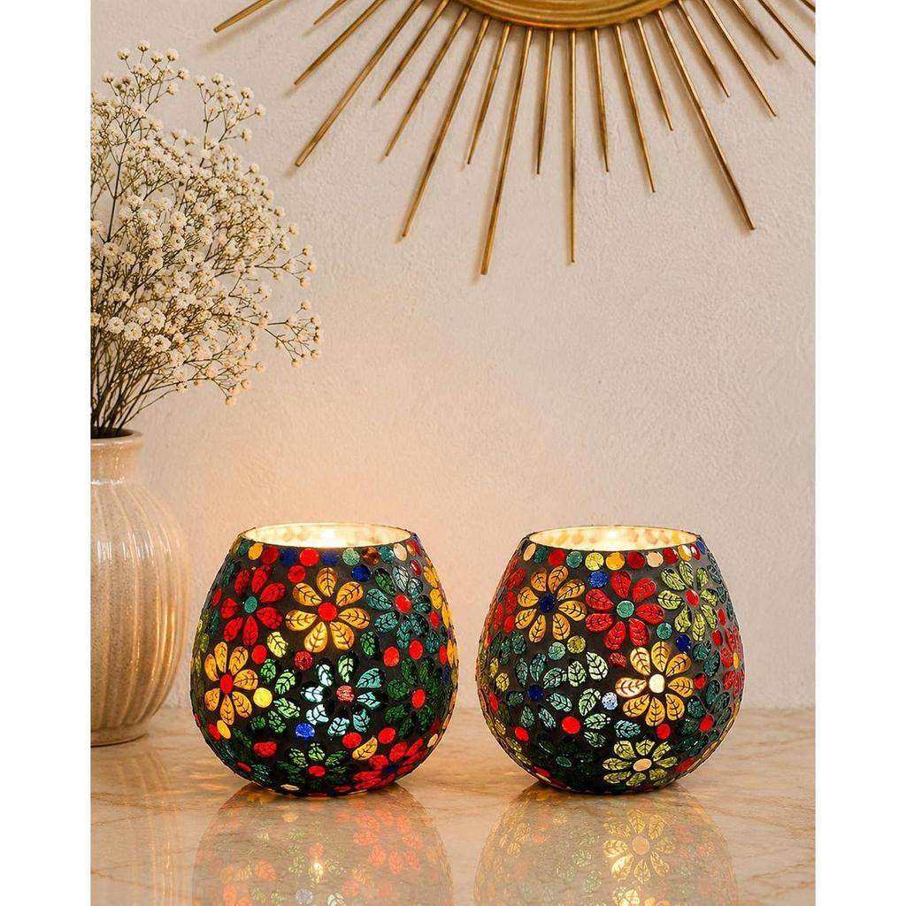 Tealight Candle Holders for Home Decor, Mosaic Glass, Flowers, Decorations for Home, Item for Diwali Festival Home Decor Item | Pack of 2