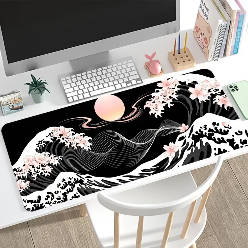 UkiyoE Wave Sakura Print Large Gaming Mousepad NonSlip Rubber Base Stitched Edge Office Keyboard Workstation Decor