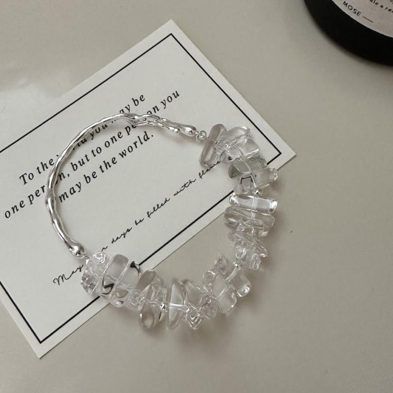 Handmade 925 Sterling Silver Clear White Crystal Stone Beaded Bracelet & Bangle for Women Jewelry Gifts 16cm