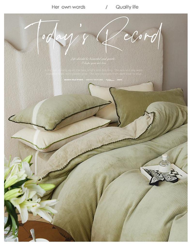 Nordic Light Luxury Coral Fleece Winter Bedding Set - Milk Velvet Waffle, Double-Sided Duvet Cover and Bed Sheet