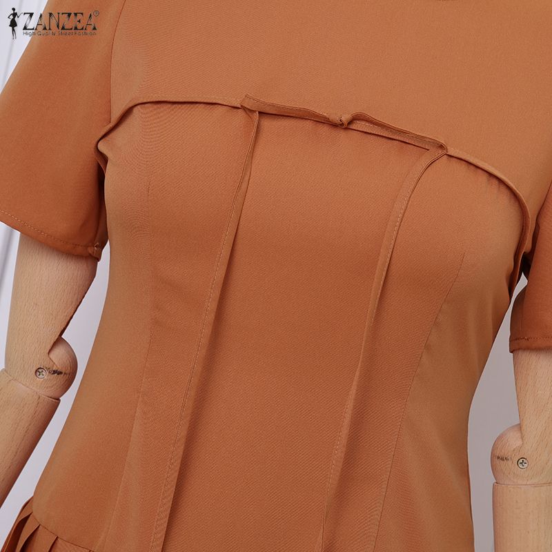 ZANZEA Women Casual Round Neck Solid Color Short Sleeve Dress