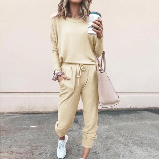 2 Pcs/Set Women Suit O Neck Solid Color Loose Simple Pants Suit for Daily Wear