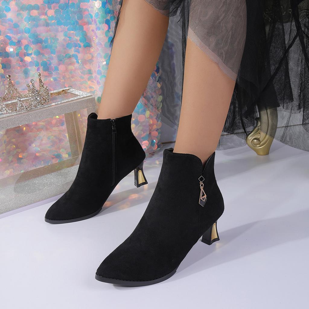 New thin-heeled mid-heeled pointed fleece boots and bare boots in autumn and winter, short tube, solid color high heel.