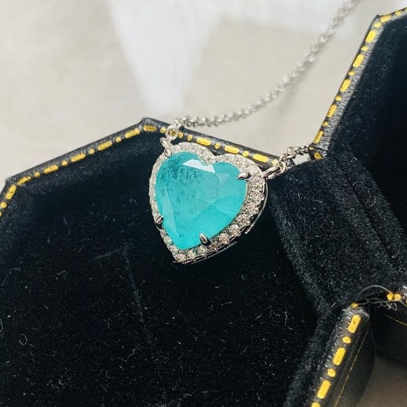 S925 Silver Heart Paraiba Necklace - Women's Layered Clavicle Chain Pendant