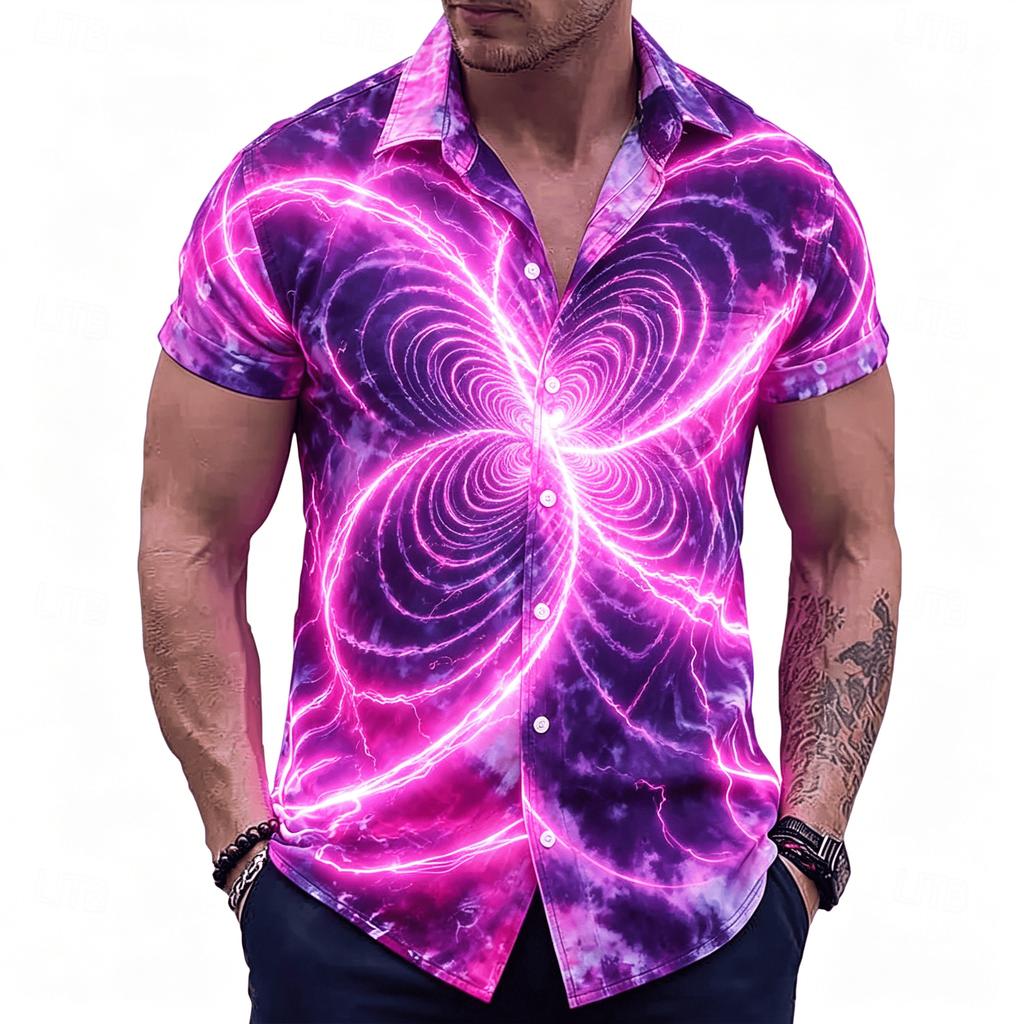 Men's Neon Lightning Spiral Print Short Sleeve Shirt, Retro Psychedelic Button Up Shirt for Spring & Summer