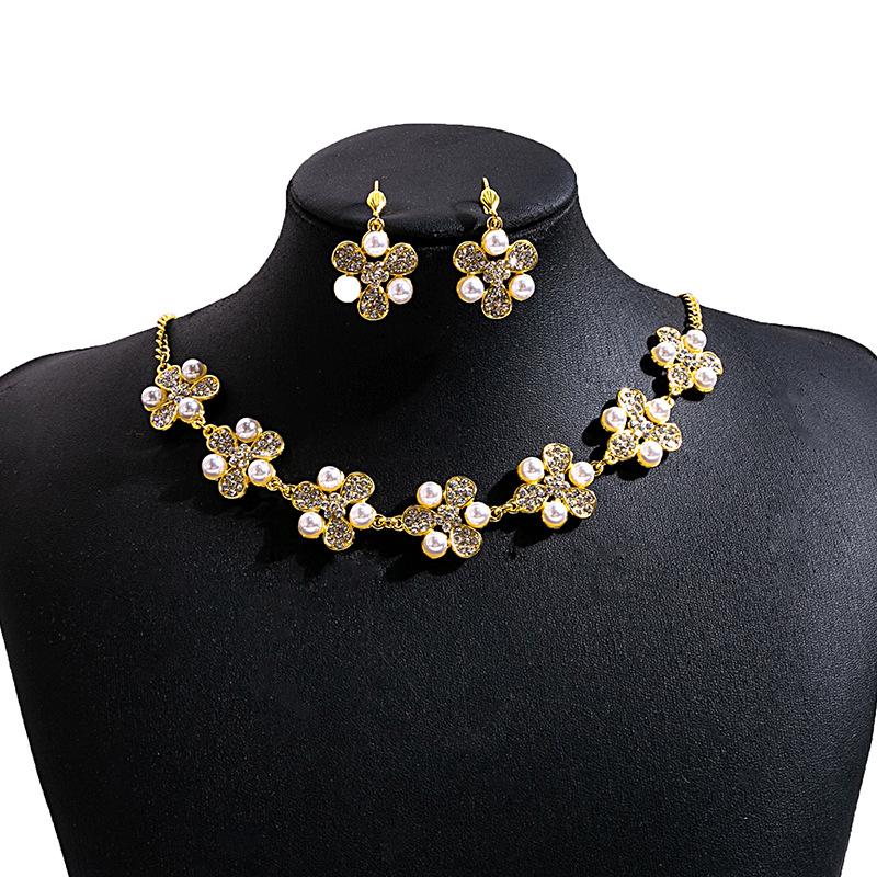 European, American Bohemian Diamond Pearl Earrings, Ethnic Style Turquoise Fringed Necklace Flower Jewelry Set Women