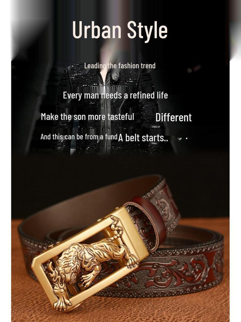 Tiger Engraved Automatic Buckle Cowhide Men's Zodiac Belt - Casual Retro Style