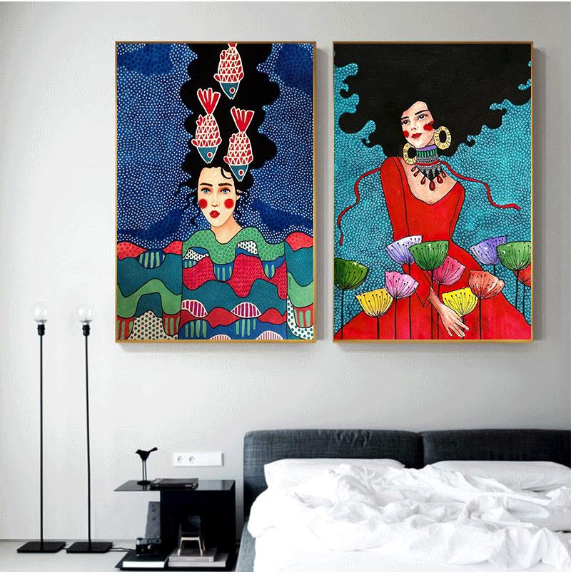Abstract Girl Hair Flower Bird Wall Art Canvas Painting Vintage Nordic Prints Wall Pictures For Living Room No Frame