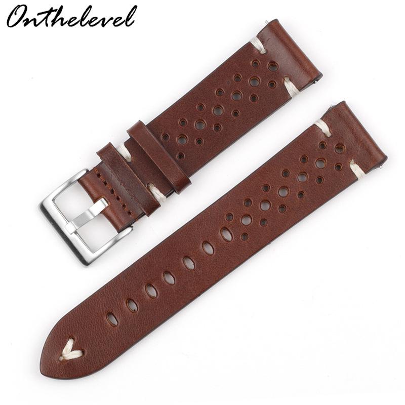 Available Porous Genuine Leather Watch Strap, Quick Release, Brown Cracked Pattern, Sizes: 18mm, 20mm, 22mm, 24mm.