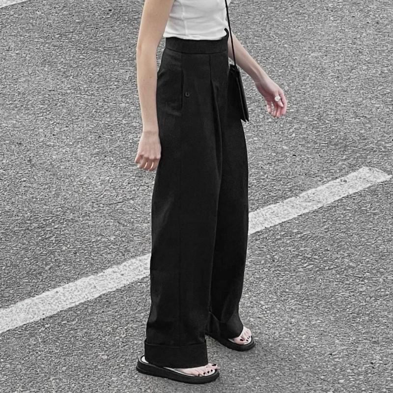 2026 Black Wide Leg Trousers High Waist Loose Fit Draped Pants Women Commute Office Wear