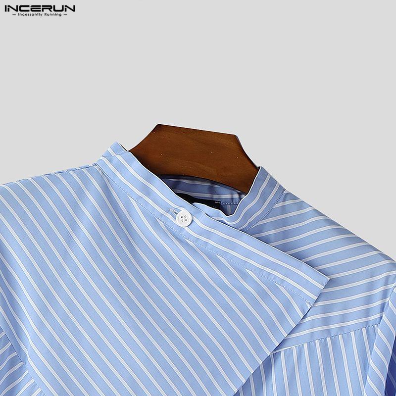 INCERUN Men Wrap Neck Long Sleeve Button Up Striped Print Casual Shirts