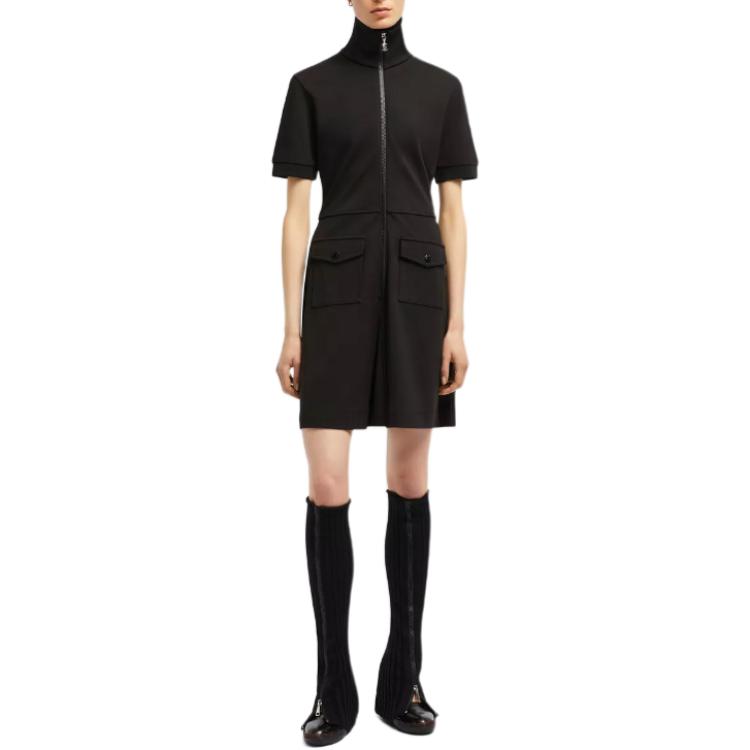 Moncler Solid Color Slim Fit Stand Collar Zipper Short Sleeve Dress Women dresses Black J20938I0000889ALE999