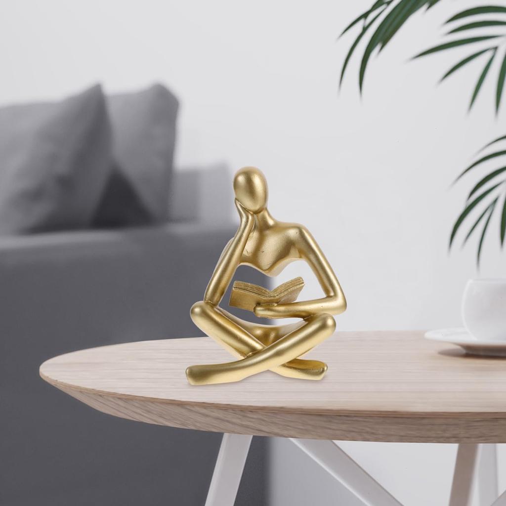 HOMSFOU Abstract Reading Man Statue - Golden Resin Thinker Sculpture for Home, Office, Library, and Room Decor, Minimalist Art Figurine Gift for Men,
