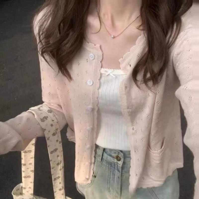 Pockets Women Cardigan Button Sweet Slim Hollow Out Spring Tender Temper Korean Style Long Sleeve Fashion Y2k Aesthetic Fairy