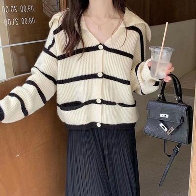 College Striped Sweater Cardigan Coat Women Short Loose Lovely Navy Neck Knitted Cardigan Sweet Cardigan Sweater Female Top