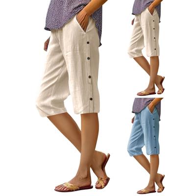 Women's Stylish Solid Color Cotton And Linen Loose Elastic Belt Pocket Side Breasted Five-point Casual Pants
