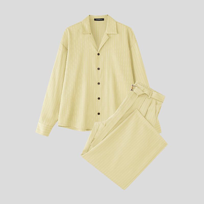 

INCERUN Two Piece Suit Men Lapel Neck Striped Long Sleeve Shirts Trousers Casual Loose Sets 4XL абрикосовий