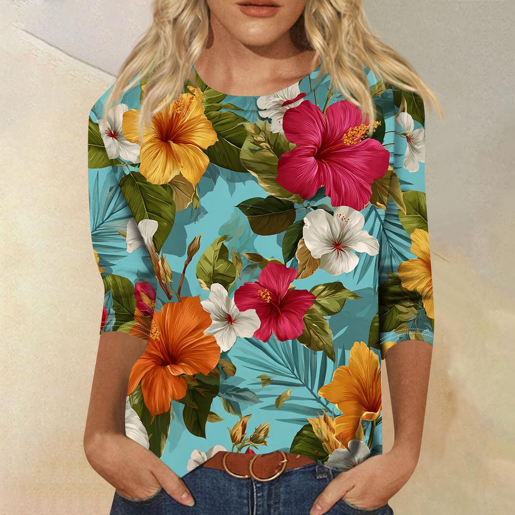 Women's Fashionable Casual Round Neck Three-quarter Sleeve Hawaiian Print T-shirt Top