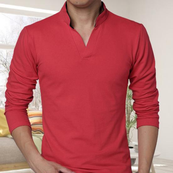 Men T-shirt Solid Color Long Sleeve V Neck Slim Pullover Top for Spring