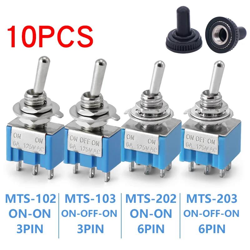 10Pcs Mini Lever Toggle Switch 1/4Inch Mounting Single Pole Double Throw ON-OFF-ON /ON-ON 6A125V/3A250V MTS-102 103 202 203 Battery Switches5