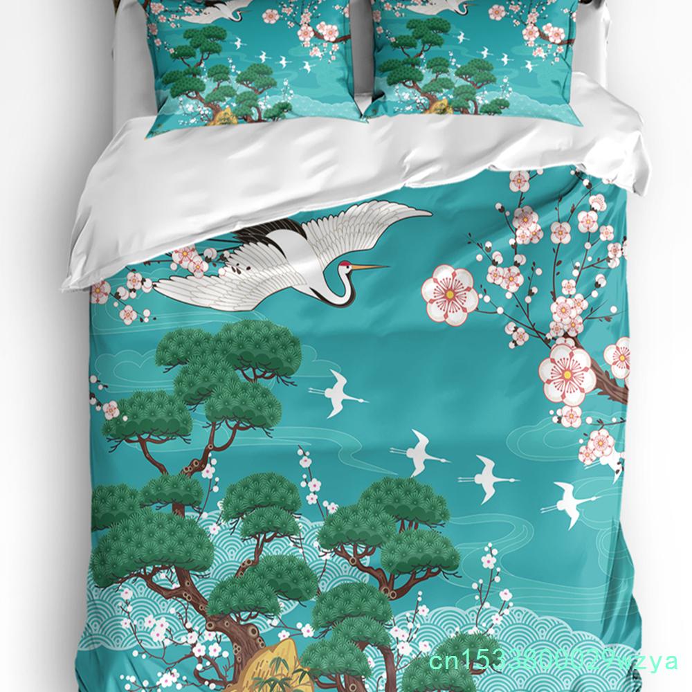 Bettwäscheset im japanischen Stil mit Sakura-Kirschblüten und rosa Blumen, 3-teilig, für Doppelbett, Heimtextilien, Bettbezug, Bettbezug, Kissenbezug