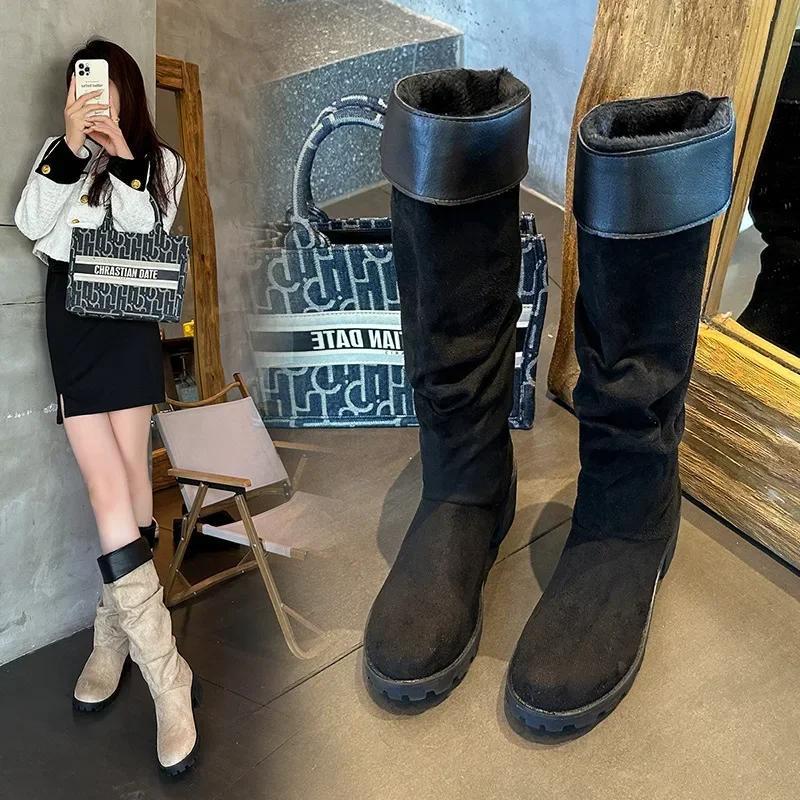 Women's Boots  New Round Toe 43 Size Fashion Long Tube Boots Raised Suede Trendy Anti Slip Leather Boots Botas Mujer 2024