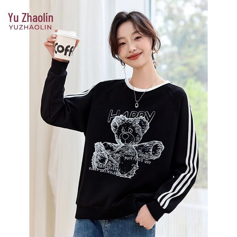 Yuzhaolin Women's Bear Print Striped Color Block Round Neck Sweatshirt