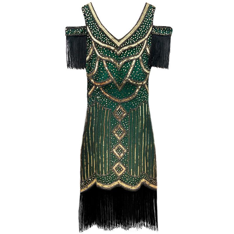 2023 European Retro Gatsby Sequin Tassel Evening Gown - 1920s Theme Party Dress 3XL зелёный