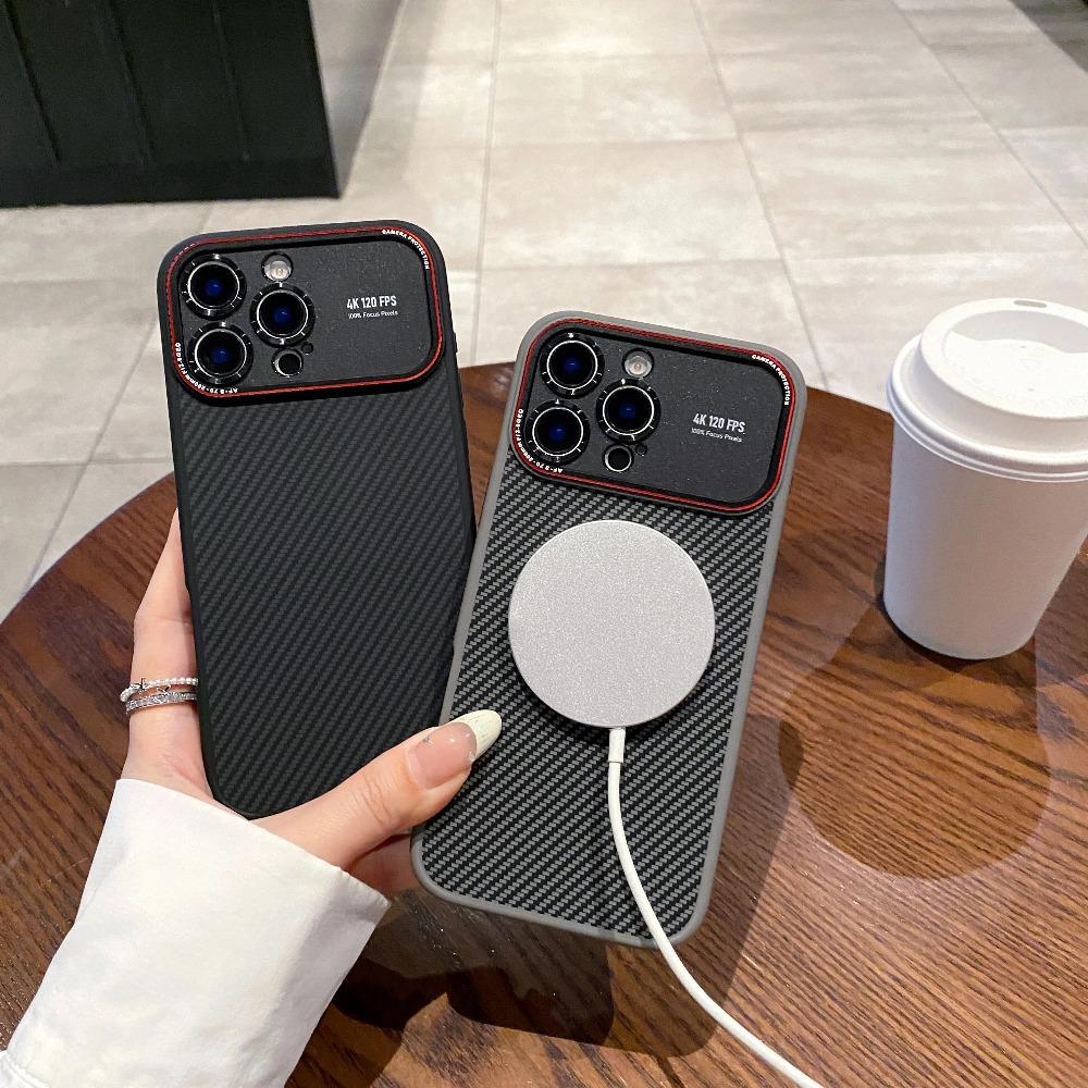 Stylish Carbon Fibre Large Window Case for IPhone 17 Air 16E 16 15 14 Pro Max Magnetic Wireless Charge Shockproof Protect Cover