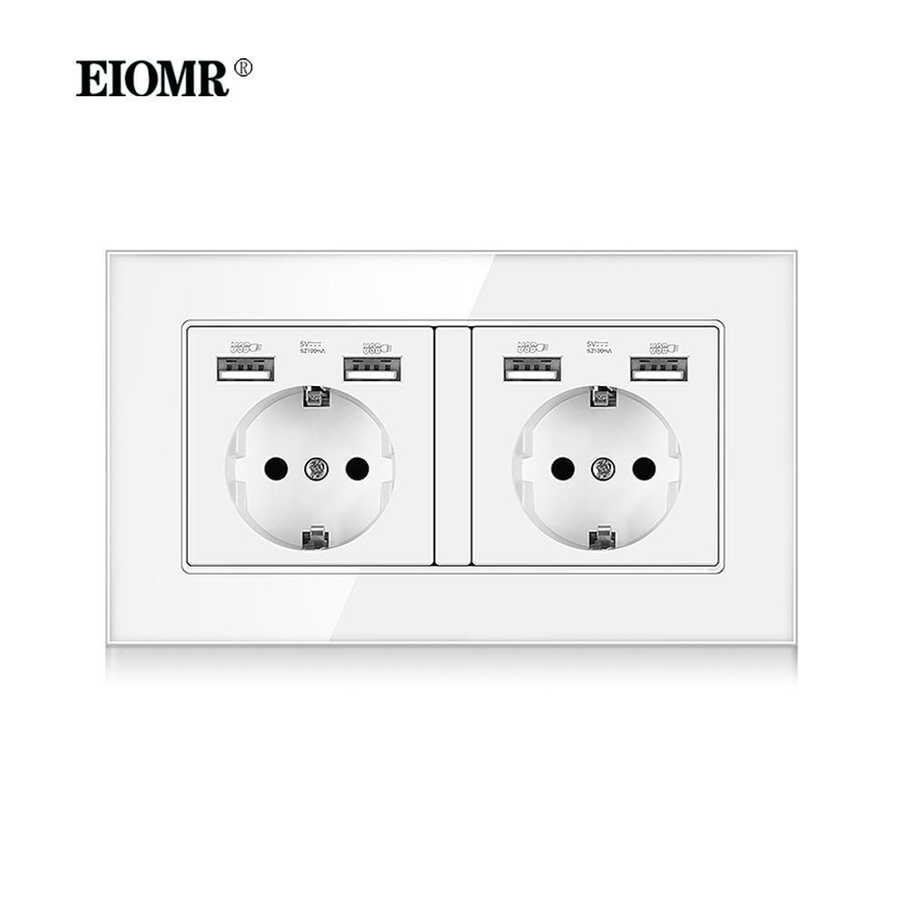 EIOMR EU Standard 16A Tempered Crystal Glass Panel Wall Socket Power Outlet Electrical Plug with Usb 5V 2100mA Ac110-250V White