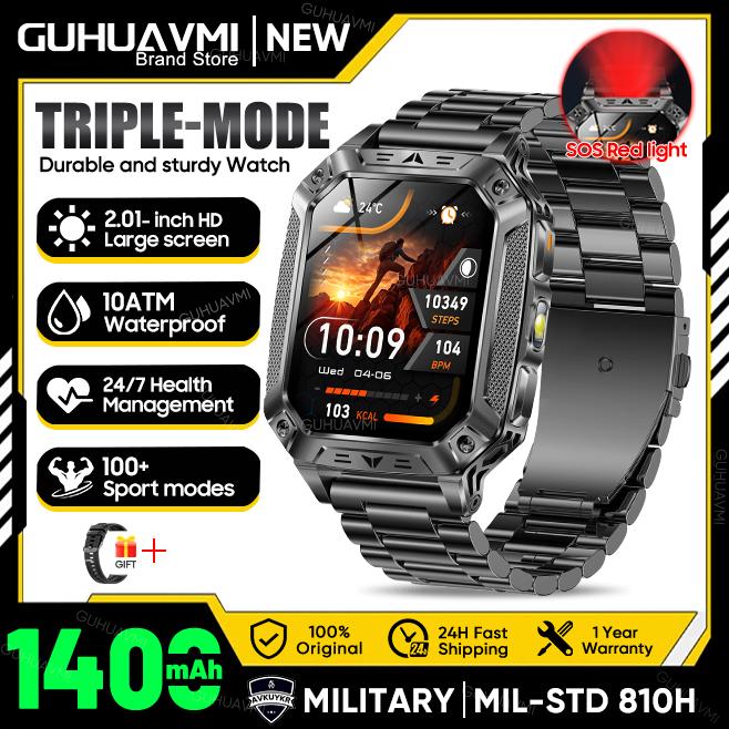 New Military 1400mAh Battery Smart Watch 2.01-inch AMOLED Screen LED Flashlight Waterproof BT Call Sports Smartwatch Men