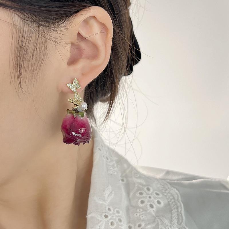 Dried Rose Earrings - Retro Port Style Niche Design - Premium Everlasting Flowers Double Butterfly Shell Bead Earrings