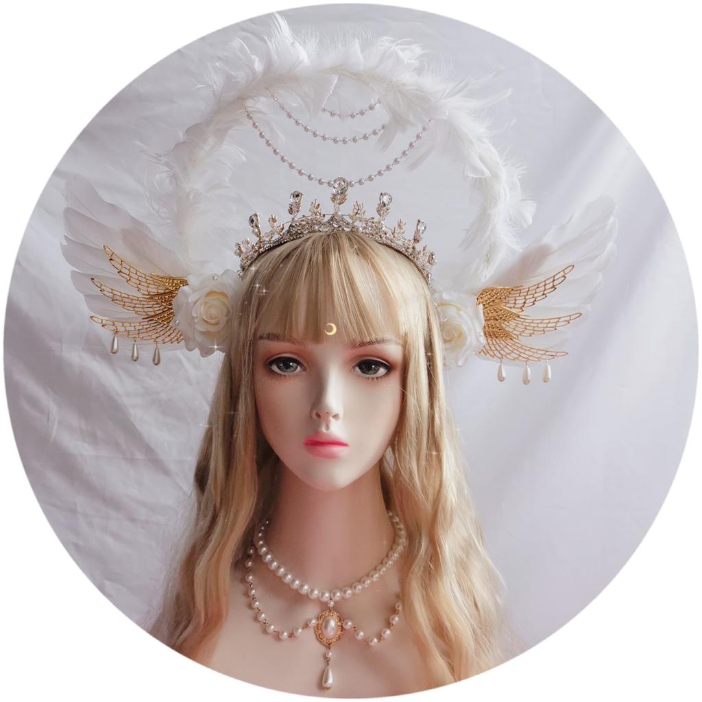 Lolita White Angel Wings Virgin Mary Bead Chain Baroque Halo Tiara Hair Accessory Virgin Mary Sun Godmother's Crown KC Headwear
