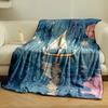 A penguin on a boat sailing beneath a starry sky and full moon. for all seasons blanket lunch break throw gift