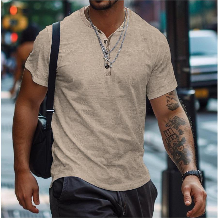 Summer White Black T-shirt Men's Tops Solid Color Button Henley Collar Sports Polo Shirt