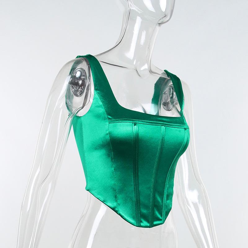Sexy Satin Boned Corset Top For Women Summer Sleeveless Backless Square Collar Cropped Tops Club Party Tunic
