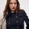 Womens Navy Blue Short Trench Coat Double Breasted Lapel Shoulder Strap Vintage Commuter Outerwear Petite Women