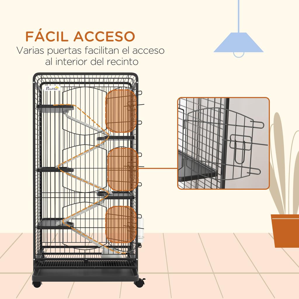 6-Level Rodent Cage with Wheels, Platforms, Removable Tray, Feeder and Waterer, 61.5x44x131 cm, Black