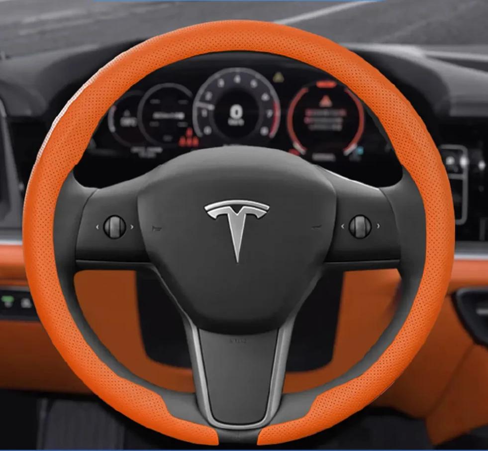 Lämplig för Teslas nya Model Y/Model 3 helårs ultratunn nappa läder rattöverdrag