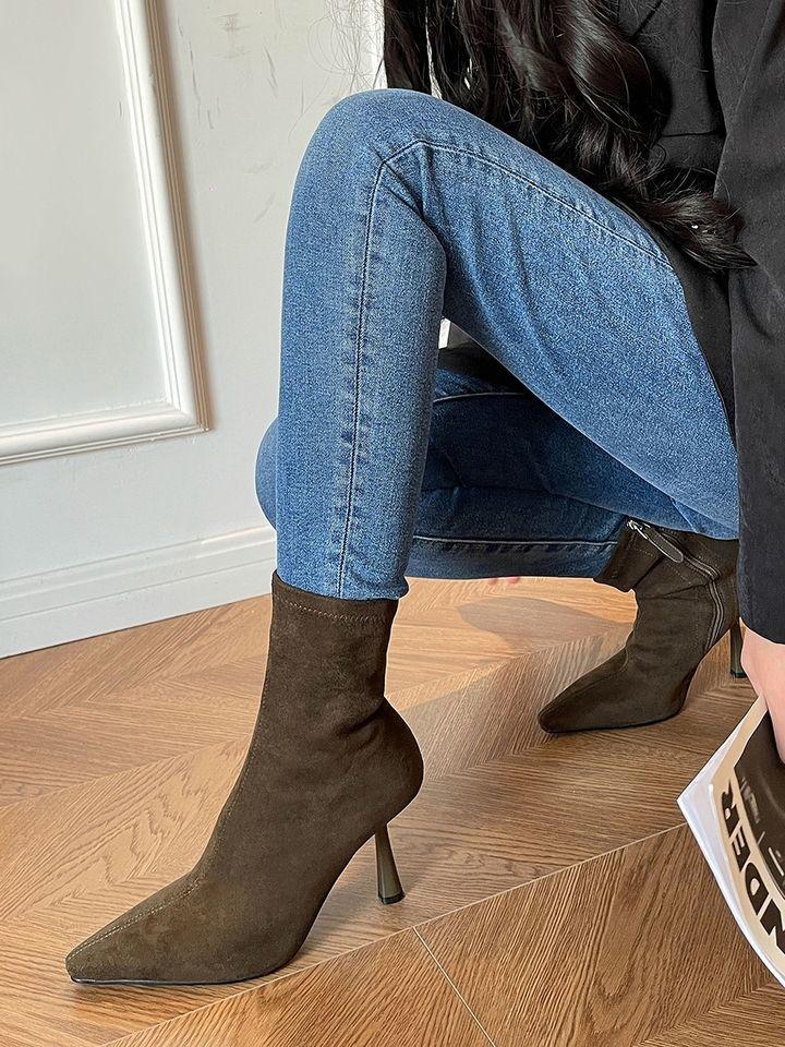 High-heeled elastic thin boots women's 2025 new matte suede ankle short boots sexy pointed versatile stiletto socks boots