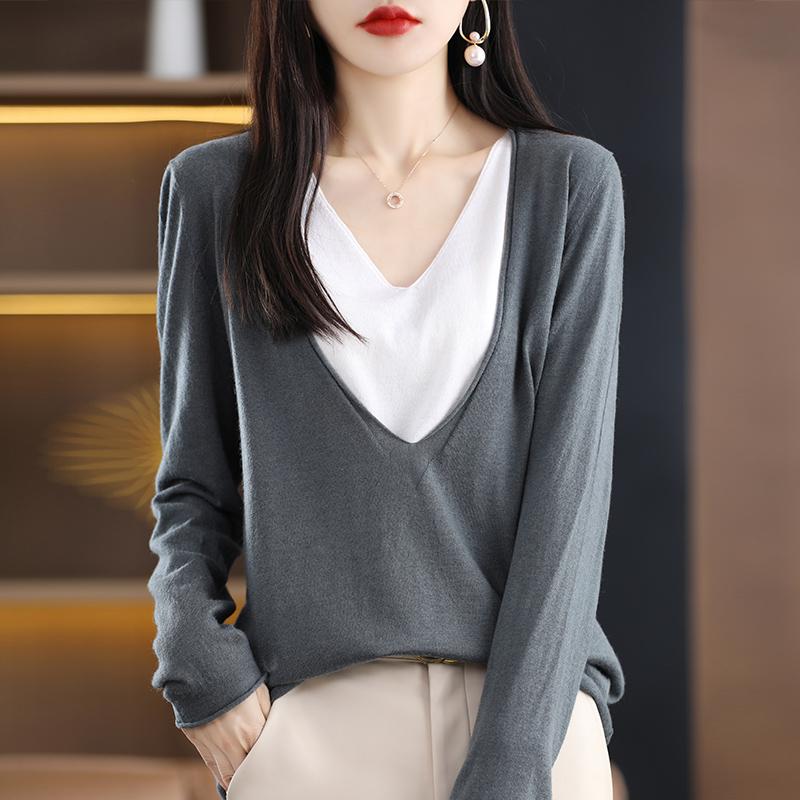 Women Sweaters Pullovers 2025 Autumn Winter Long Sleeve V-Neck Black Knitted Sweater Women Tops Pullover JJ107