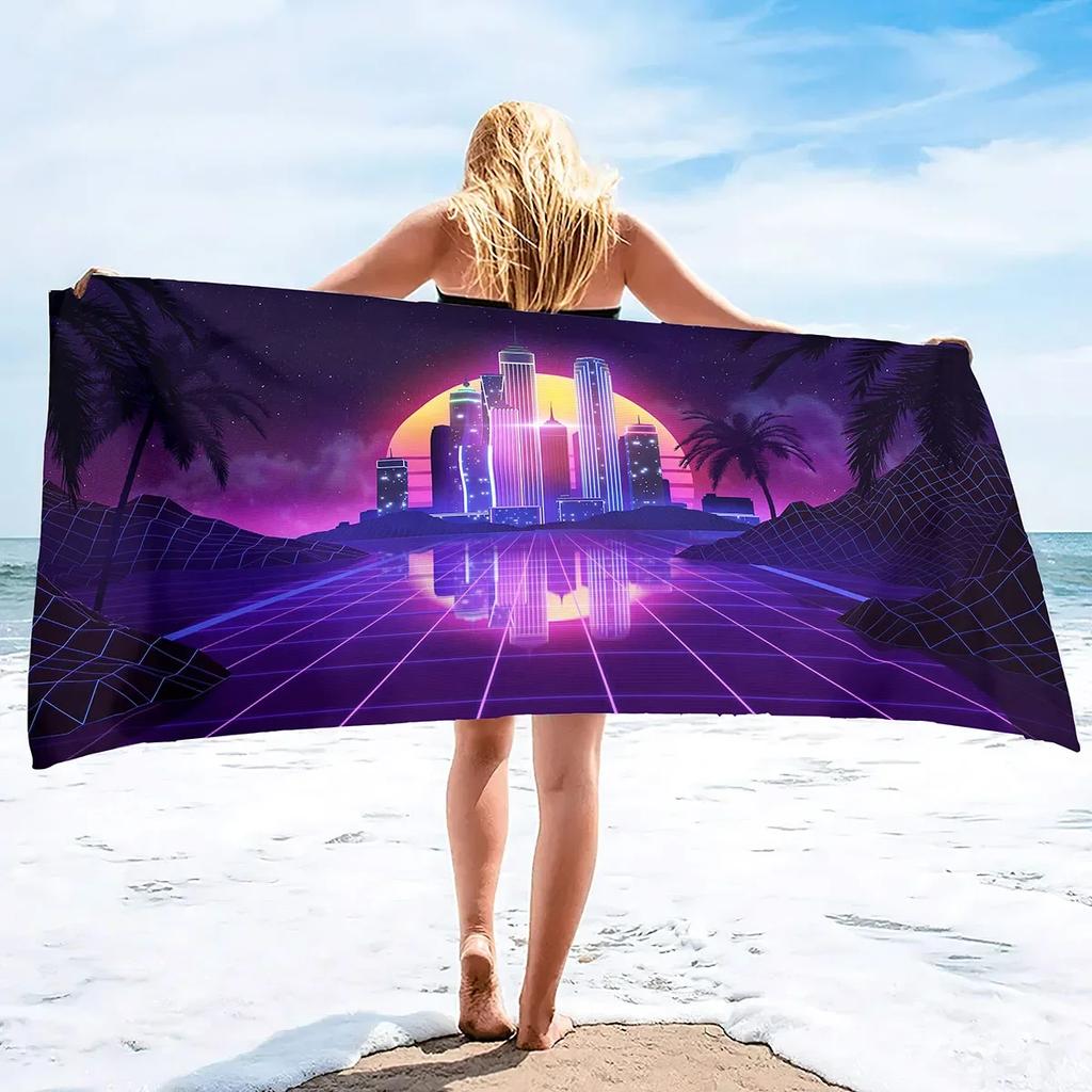 Custom Synthwave Beach Towel Retro Car Palm Tree Microfiber Sand Free Quick Dry Soft Travel Pool Accessory