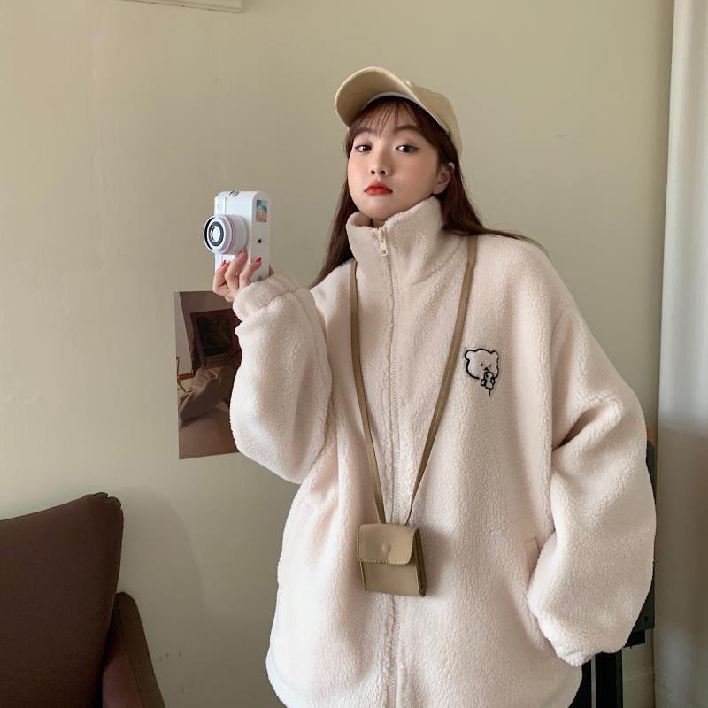 Herbst Winter Locker Stehkragen Lammjacke Damen Fleecegefüttert Dick Cartoon Bär Plüsch Oberteil