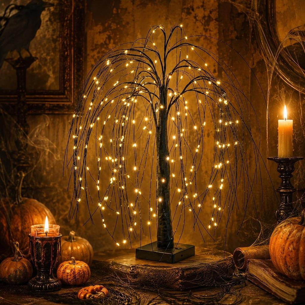 Artificial PVC Spooky Halloween Tree Light Decorations Willow-Shaped Decor USB Plug Battery Operation Tabletop Indoor for Mantel Fireplace Kitchen
