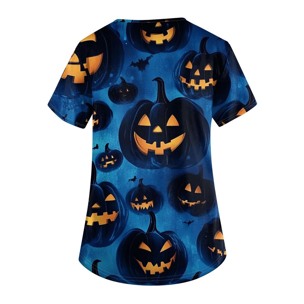 Dam V-hals Halloween-tryckt Kortärmad Ficka Sidoslits Skyddsdräktsöverdel